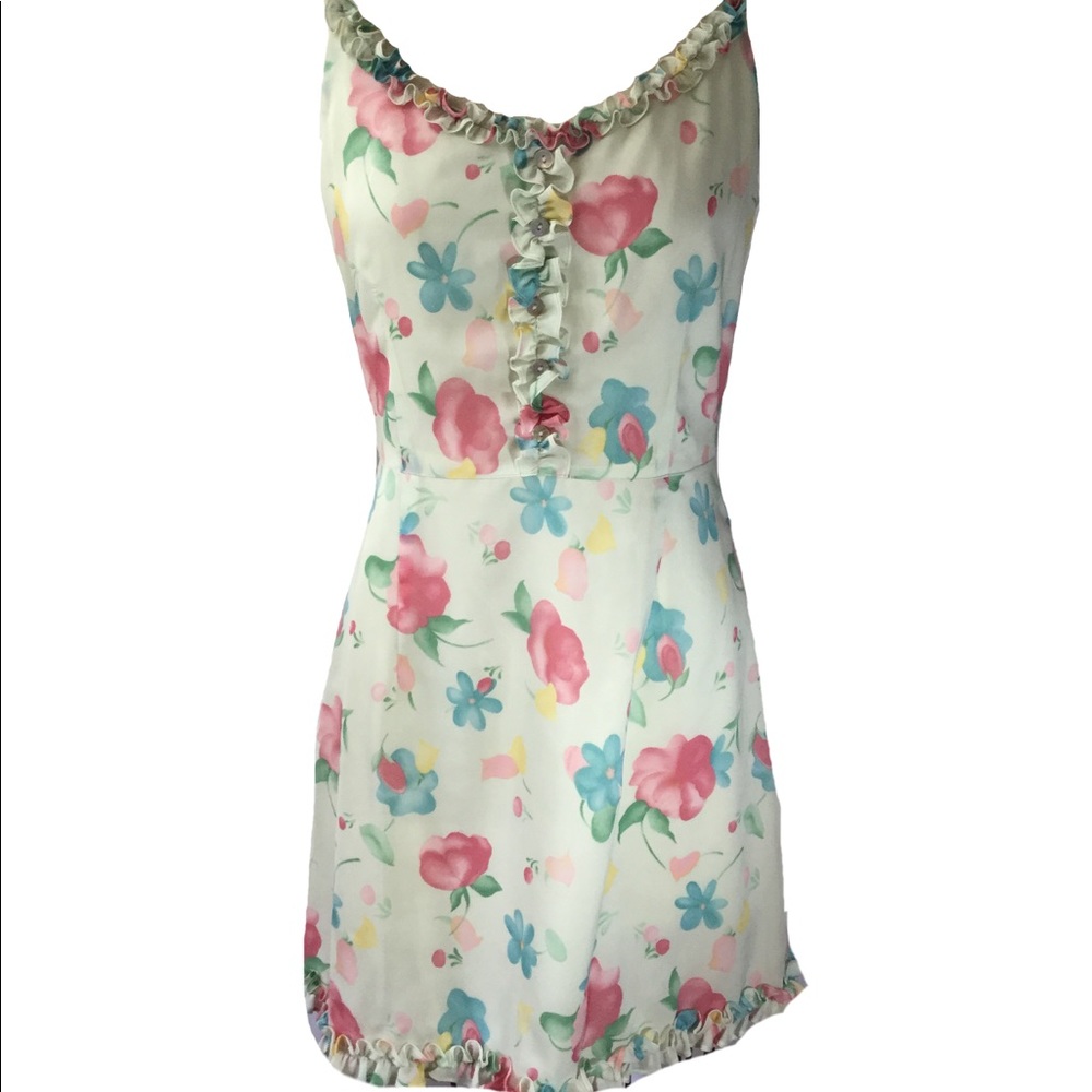 Silk printed  day dress with silk ruffle detail